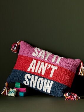 Anthropologie Say It Ain’t Snow Hooked Pillow Cover 14x20 Tassels Christmas Boho